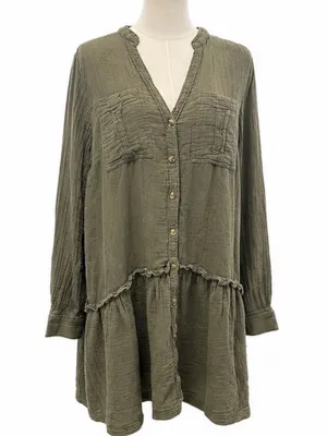 Maeve Anthropologie Olive Cotton Gauze Button Front Tiered Tunic Dress Size 12 thumbnail 1