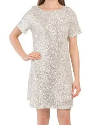 7 For All Mankind‎ 5Y Womens Silver Sequin Shift Mini Dress Short Sleeve Medium thumbnail 1