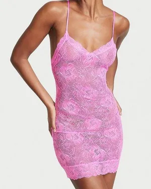 Victorias Secret Sheer Lace Slip Dress Floral Pink See Through Sexy thumbnail 1