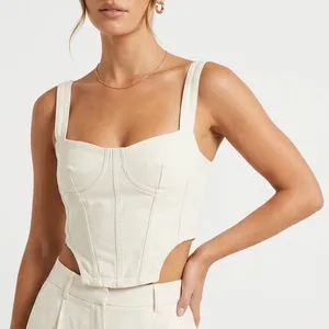 Zara Corset Top Womens Large White Denim Cotton Stretch Back Zip Wide Strap thumbnail 1