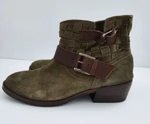 Adam Tucker by Me Too Woven Suede Buckle Booties​These olive green ankle boots thumbnail 1