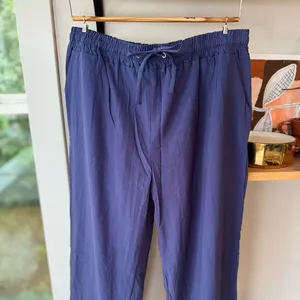 Navy Blue Cotton Linen Drawstring Waist Wide Leg Pants Size Large thumbnail 3