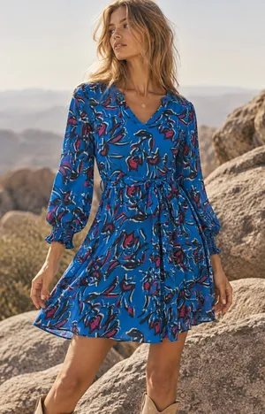 Collective Concepts Dress Medium Blue Floral V-Neck Tie Boho Garden Party thumbnail 1