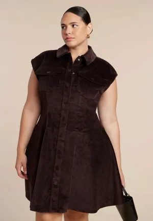 ELOQUII Women's Plus Size Corduroy Mini Dress in brown size 22 thumbnail 1