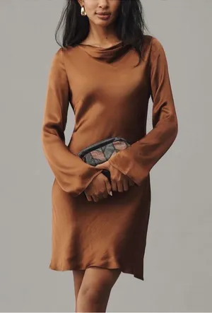 By Anthropologie Women’s Long Bell Sleeve Cowl Neck Satin Brown Mini Dress XS thumbnail 1