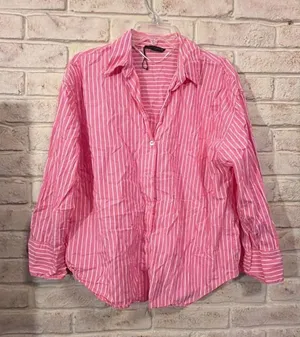 Zara Pink and White Striped Long Sleeve Button Down Shirt Size M thumbnail 1