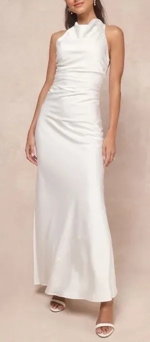 Lulus Effortlessly Sensational Maxi Dress Womens L White Satin Backless Back Zip thumbnail 1