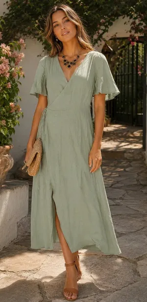 Bellevue the Label Aubery Green Short Sleeve Wrap Midi Dress NWT thumbnail 1