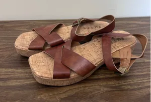 Korks Brown Faux Leather Cork‎ Platform Wedge Sandals Square Toe Womens 9M thumbnail 1