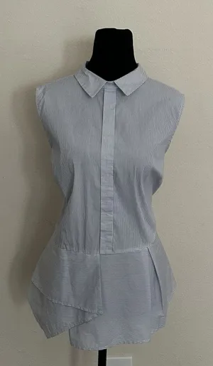 Antonio Melani Blouse Size L Blue and Navy Striped Asymmetrical Peplum Top thumbnail 1