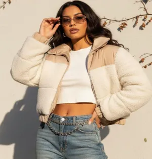 Abercrombie & Fitch Ultra Vegan Leather Sherpa Cropped Puffer Jacket in XS thumbnail 1