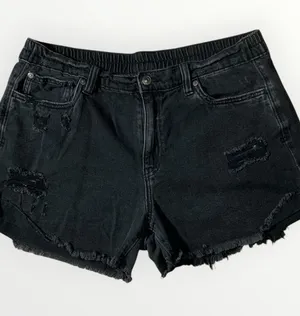 Aerie Black Denim Elastic Waist Distressed Boyfriend Shorts Sz Large #273 thumbnail 1