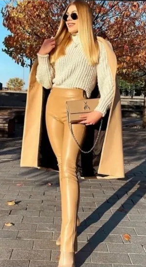 ZARA Faux Leather Skinny Pants Women's‎ Size XS Tan Minimalist Chic thumbnail 1