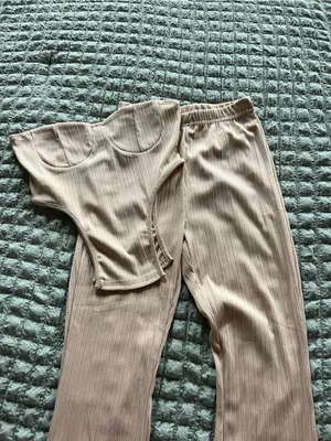 Zaful Ribbed Flare Pants Set - Taupe thumbnail 2