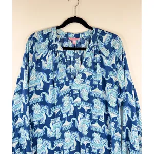 Lilly Pulitzer Womens Top Blue Martinique Elephant V Neck Blouse Casual Medium thumbnail 7