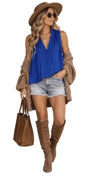 Free People $68 Darcy V-Neck Hi-Low Sleeveless Blouse Top Blue Cobalt L thumbnail 1