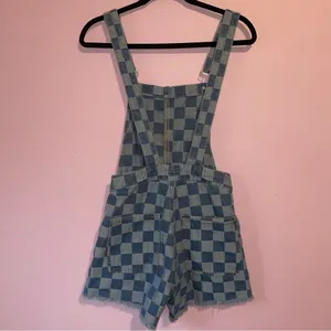 Pink Lily Checkered Denim Overalls Women XS Oversized Kidcore Artsy Maximalist thumbnail 5
