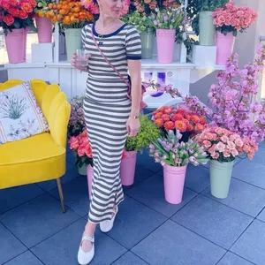 Ganni Blue White Striped T-Shirt Dress SMALL Ruched Knit Designer $325 Flaw thumbnail 5