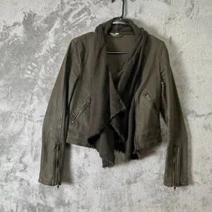 Free People Draped Scarf Collar Faux Leather Jacket Boho Grunge Biker 2‎ Green thumbnail 2