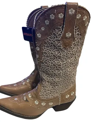 Durango cowboy boots tan leather white lace-like shaft floral thumbnail 3