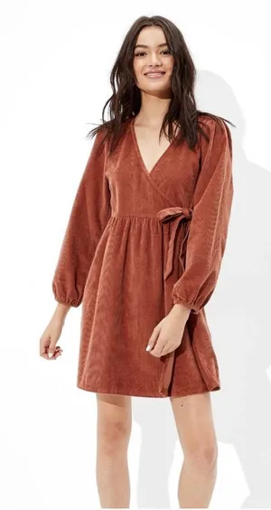 American Eagle brown corduroy wrap mini dress size small fall autumn preppy thumbnail 1