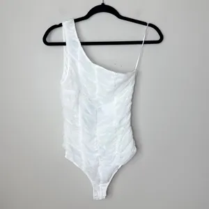 Le Lis Anthropologie One-Shoulder Ruched‎ Bodysuit Medium White Mesh NWT thumbnail 3