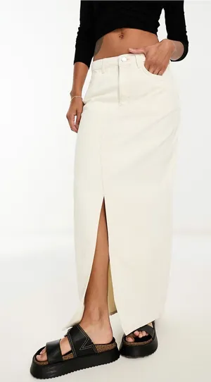 Mango front split denim maxi skirt in beige thumbnail 1