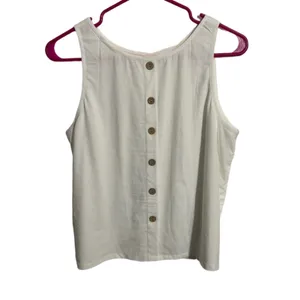 NWT White Linen Blend High Neck Tank Top Button Back Sleeveless Crop Top Medium thumbnail 3