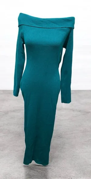 PRETTYGARDEN Off-Shoulder Teal Maxi Knit Dress thumbnail 1