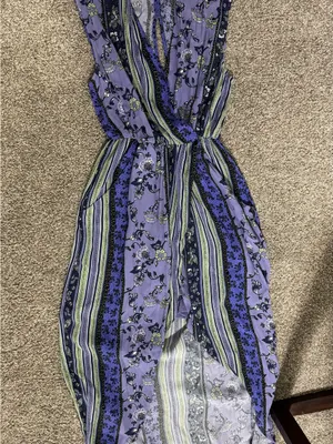 Anthropologie-Astr the Label Lavender and Navy Floral-Stripe Sleeveless Dress thumbnail 6