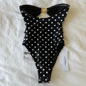 Princess Polly Black one piece swimsuit with White Polka Dots and gold sea shell thumbnail 2