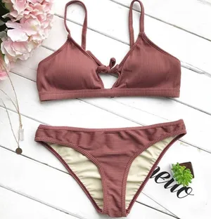 Burnt Red Ribbed Cut Out Bikini Set thumbnail 3
