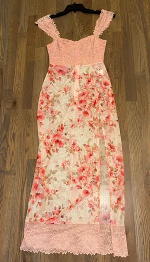 LUSH Pink Floral Lace Sheer Overlay Maxi Dress Small NWOT thumbnail 1