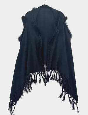 Black Faux Fur Trim Poncho Vest Women Fringe Shawl Cape Boho Gothic One Size thumbnail 1