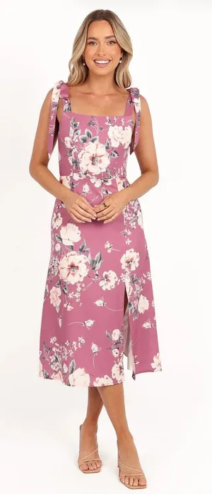 Petal & Pup Laurel Midi Dress Dark Rose Floral Square Neck Tie Strap Size 12 thumbnail 1