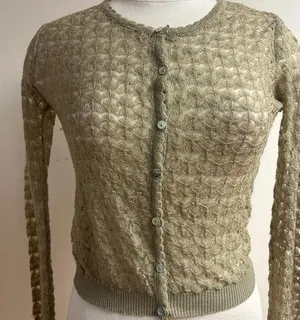 Tan Crochet Cropped French Button Up Cardigan thumbnail 1