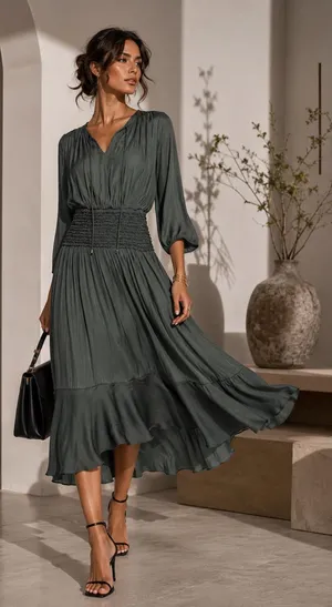 Elegant Green Ruched Waist Maxi Midi Dress – Boho Chic thumbnail 1