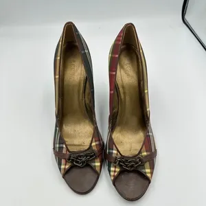 J.‎ Crew Plaid Peep Toe Heels Brown Red Green Chain Detail Stiletto Size 9.5 thumbnail 11
