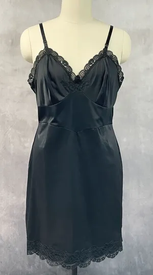 Vintage 50s Shadowline Women Slip Dress Size 42 Black Lace Trim Pinup Coquette thumbnail 1