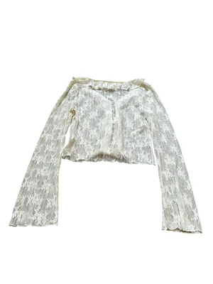 Cream Lace Ruffle Tie Front Cardigan Blouse Flare Sleeve Boho Cottage Feminine thumbnail 5