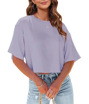 Tankaneo Womens Half Sleeve Cropped T-Shirt Drop Shoulder Round Neck‎ Purple S thumbnail 1