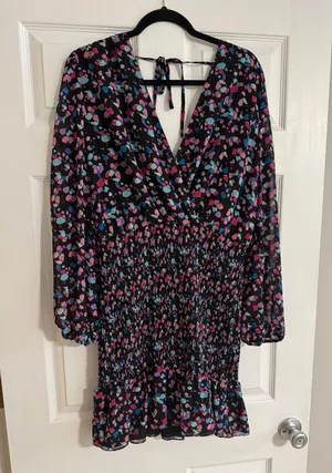 Smocked V Neck Balloon Sleeve Runch Waist Surplice Dress thumbnail 1