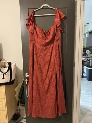 Azazie Off-Shoulder Rust Floral Jacquard Gown with Front Slit thumbnail 4