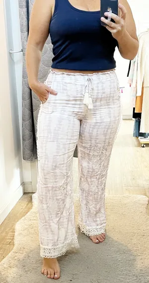 Surf Gypsy Tie Dye Smocked Drawstring Crochet Hem Wide Leg Pants White Purple thumbnail 1