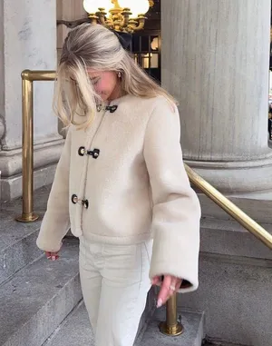 Zara Jacket coat teddy fur ivory cream cropped toggle  thumbnail 3