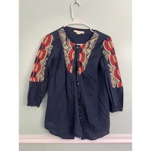 Anthropologie Hei Hei‎ Embroidered Button Down Blouse 0 Tunic Blue Red thumbnail 2