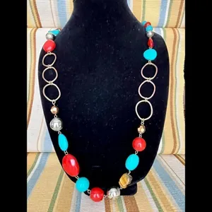 Chunky Turquoise Orange Beaded Rustic Necklace and Earrings Bohemian Jewelry Set thumbnail 3