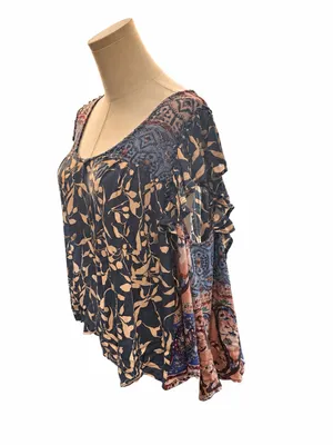 Easel Size Large Boho Mixed Print Flowy Blouse Top Blue Pink Floral thumbnail 2