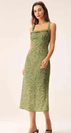 Rihoas Green Floral Square Neck Slip Midi Dress thumbnail 2
