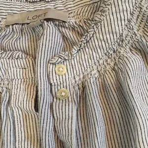 LOFT Blue Striped Ruffle Collar Button Down Coastal Blouse M thumbnail 3